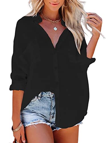 Bsubseach Button Down Swim Cover Up Shirt Sexy Langarm Strand Bluse Strandkleid für Damen Schwarz von Bsubseach