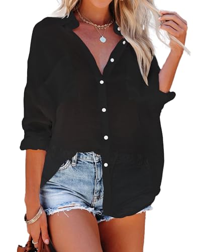 Bsubseach Button Down Swim Cover Up Shirt Sexy Langarm Strand Bluse Strandkleid für Damen Schwarz von Bsubseach