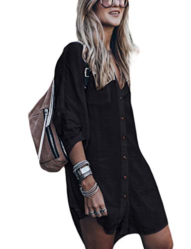 Bsubseach Schwarz Langarm Bikini Cover Up für Damen Loose Button Down V Neck Bademode Beach Shirt Tunika Kleid von Bsubseach