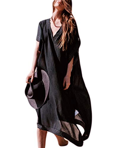 Bsubseach Schwarz Langarm Strand Kaftan Kleid Damen Casual V-Ausschnitt Side Schlitz Bademode Bikini Cover Up von Bsubseach