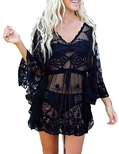 Bsubseach Schwarz See Through Casual V Neck Beach Mesh Batwing Sleeve Strandkleid Bademode für Damen von Bsubseach