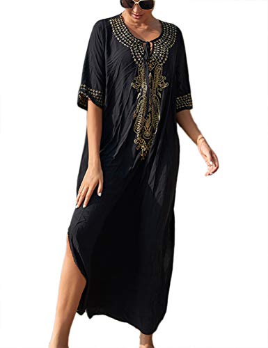 Bsubseach Einheitsgröße Schwarz Stickerei Kurzarm Strandkleid Bademode für Damen V Neck Side Split Beach Kaftan Kleider von Bsubseach