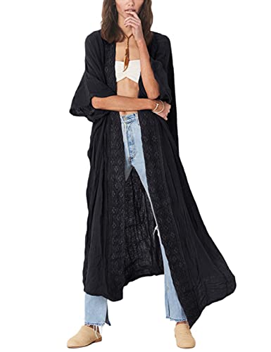 Bsubseach Schwarz Stickerei Open Front Strandponcho für Damen Halbarm Bikini Strand Kimono Cardigan von Bsubseach