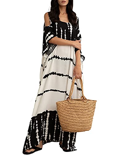 Bsubseach Einheitsgröße Schwarz Weiß Strand Kaftan Kleid für Damen Kalte Schulter Strandponcho für Bademode Caftan Kleider von Bsubseach