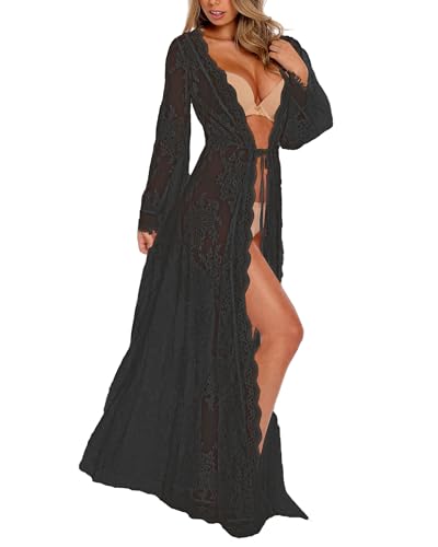 Bsubseach Schwarze Spitze Lange Bikini Abdeckung Ups Strand Badeanzug Coverup Kimono Cardigan Schnee Muster für Bademode Damen von Bsubseach