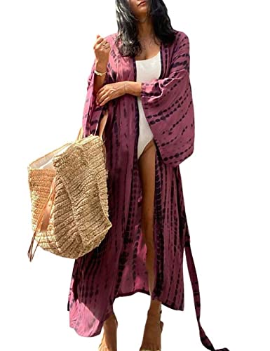 Bsubseach Sexy Badeanzug Cover Ups für Frauen Strand Kimono Strickjacke Badeanzug Coverup Resort Wear Dark Rose Rot von Bsubseach