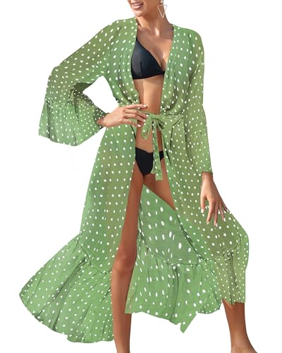 Bsubseach Sexy Green Dot Print Bell Sleeve Long Kimono Cardigan Chiffon Swimsuit Cover Up für Damen von Bsubseach