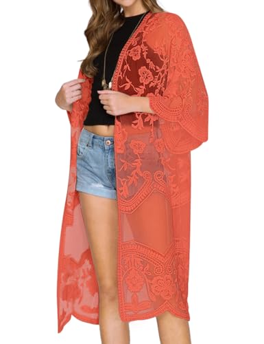 Bsubseach Damen Mesh Lace Beach Kimono Cardigan Open Front Strandponcho Bademode Orange von Bsubseach