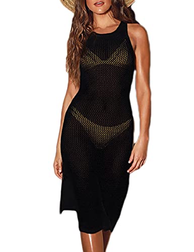 Bsubseach Sexy See Through Strandponcho für Damen Hollow Out Häkeln Lange Seite Split Beach Wear Kleid Schwarz von Bsubseach