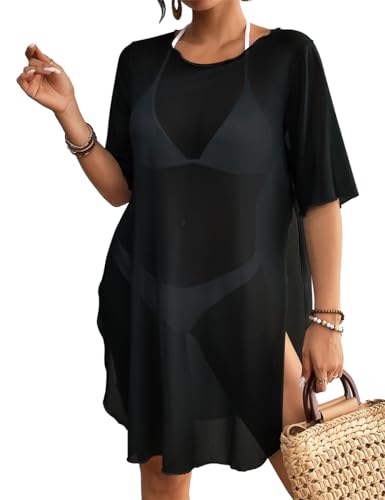 Bsubseach Sheer Badeanzug Cover Up für Frauen Seite Split Bikini Mesh Coverup Tops Resort Wear Schwarz S von Bsubseach
