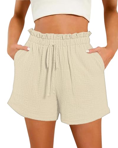 Bsubseach Shorts für Frauen Baumwolle weites Bein Drawstring High Waisted mit Tasche Sommer Casual Ruffle Aprikose L von Bsubseach
