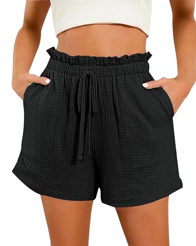 Bsubseach Shorts für Frauen Baumwolle weites Bein Drawstring High Waisted mit Tasche Sommer Casual Ruffle Schwarz XL von Bsubseach