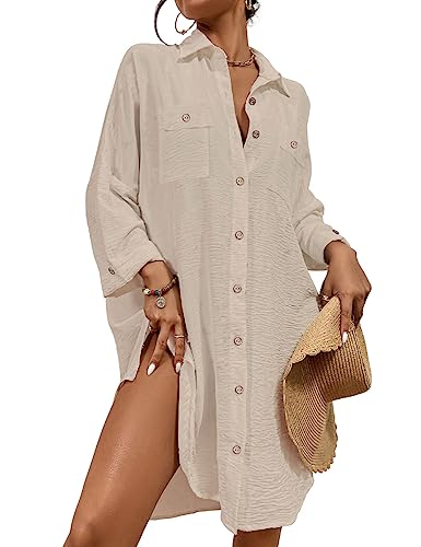 Bsubseach Sommer Strandkeid für Frauen Button Down Strand Shirt Kleid Badeanzug Cover Up V-Ausschnitt Strandponcho Bademode Resort Wear Aprikose L von Bsubseach
