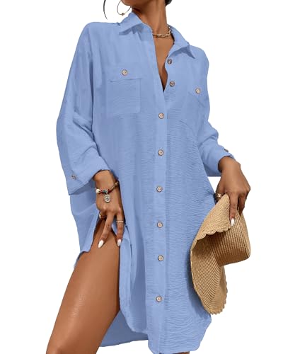 Bsubseach Sommer Strandkeid für Frauen Button Down Strand Shirt Kleid Badeanzug Cover Up V-Ausschnitt Strandponcho Bademode Resort Wear Blauer Himmelblau S von Bsubseach