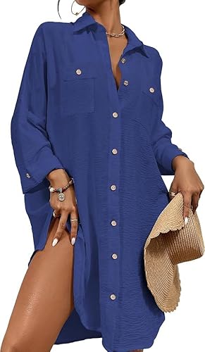 Bsubseach Sommer Strandkeid für Frauen Button Down Strand Shirt Kleid Badeanzug Cover Up V-Ausschnitt Strandponcho Bademode Resort Wear Dunkelblau L von Bsubseach