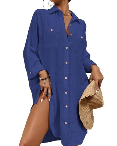 Bsubseach Sommer Strandkeid für Frauen Button Down Strand Shirt Kleid Badeanzug Cover Up V-Ausschnitt Strandponcho Bademode Resort Wear Dunkelblau S von Bsubseach