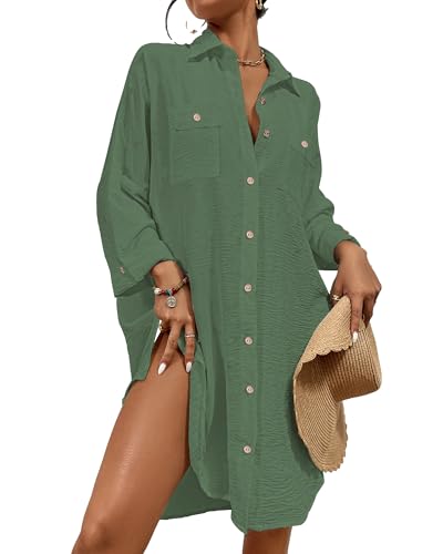 Bsubseach Sommer Strandkeid für Frauen Button Down Strand Shirt Kleid Badeanzug Cover Up V-Ausschnitt Strandponcho Bademode Resort Wear Grün L von Bsubseach
