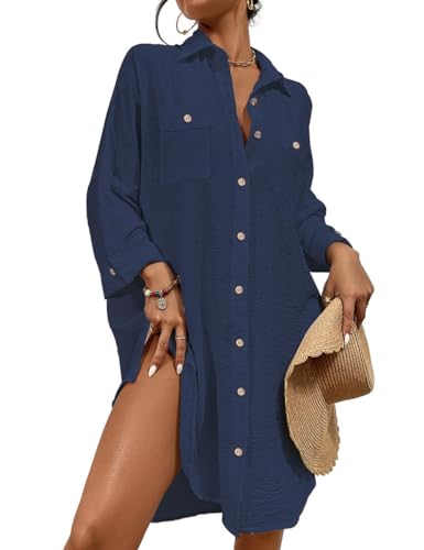 Bsubseach Sommer Strandkeid für Frauen Button Down Strand Shirt Kleid Badeanzug Cover Up V-Ausschnitt Strandponcho Bademode Resort Wear Marine Blau M von Bsubseach