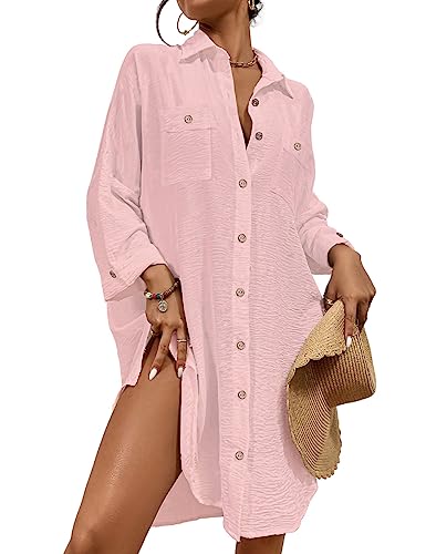 Bsubseach Sommer Strandkeid für Frauen Button Down Strand Shirt Kleid Badeanzug Cover Up V-Ausschnitt Strandponcho Bademode Resort Wear Rosa L von Bsubseach