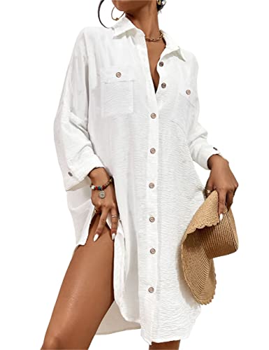 Bsubseach Sommer Strandkeid für Frauen Button Down Strand Shirt Kleid Badeanzug Cover Up V-Ausschnitt Strandponcho Bademode Resort Wear Weiß XL von Bsubseach