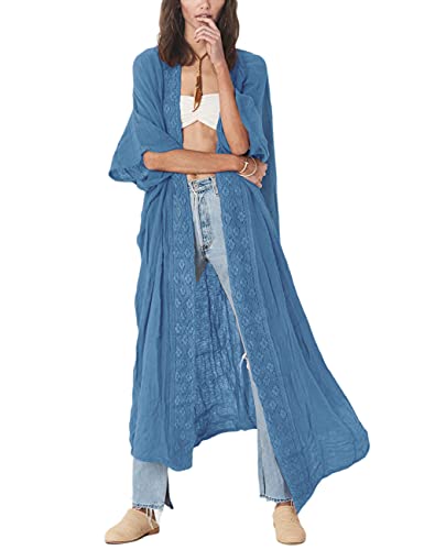 Bsubseach Stickerei Open Front Strandponcho für Damen Halbarm Bikini Beach Kimono Cardigan Blau von Bsubseach