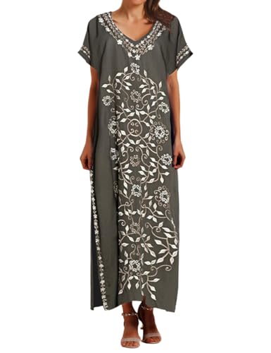 Bsubseach Stickerei V-Ausschnitt Kurzarm Strandkleid für Damen Bademode Strand Kaftan Caftan Kleid Army Grün von Bsubseach