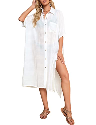 Bsubseach Strand Cover Up Frauen Kimono Strickjacken Button Down Shirt Midi Kleid Seite Split Badeanzug Cover Ups Weiß L von Bsubseach