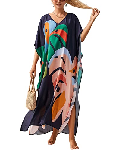 Bsubseach Frauen Kaftankleider V-Ausschnitt Kaftan Loungewear Strand Cover Up Urlaubskleid Resort Wear Blatt Drucken von Bsubseach