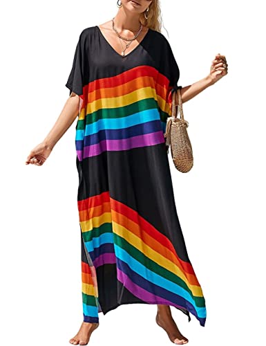 Bsubseach Frauen Kaftankleider V-Ausschnitt Kaftan Loungewear Strand Cover Up Urlaubskleid Resort Wear Regenbogen von Bsubseach