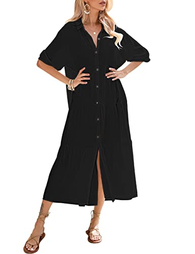 Bsubseach Strandkleider für Frauen Beach Cover Up Button Down Maxi Shirt Kleid Schwarz S von Bsubseach