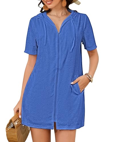 Bsubseach Terry Cloth Badeanzug Cover Up für Frauen Reißverschluss Hooded Bademantel Strand mit Taschen Sommer Blau M von Bsubseach
