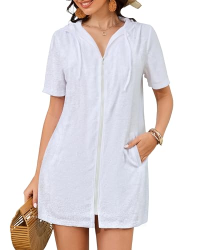 Bsubseach Terry Cloth Badeanzug Cover Up für Frauen Reißverschluss Hooded Bademantel Strand mit Taschen Sommer Weiß XL von Bsubseach