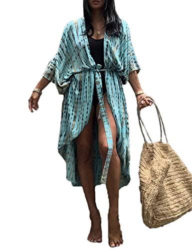 Bsubseach Tie Dye Lange Strandponcho für Damen Bademode Open Front Beach Kimono Strickjacke Hellblau von Bsubseach