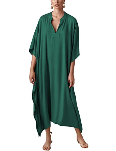 Bsubseach Damen Kaftan Kleider Batwing Sleeve Strandkleid V-Ausschnitt Caftan Maxi Kleid Sommer Peacock Grün von Bsubseach