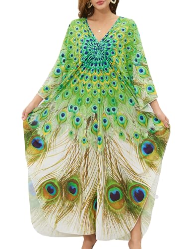 Bsubseach V-Ausschnitt Kaftan Plus Größe Cover Ups für Bademode Batwing Sleeve Kaftan Strandkleid für Damen Pfauenfedern von Bsubseach