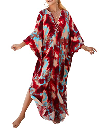 Bsubseach Abiti caftani coprono per costumi da bagno da donna plus size con stampa animalier Caftan Resort Dress, D-rosso Tie-dye, Taglia Unica von Bsubseach