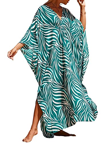 Bsubseach Damen V-Ausschnitt Kaftan Strandkleid Boho Floral Lange Plus Größe Pareos Lose Tunika Maxikleid Grünes Zebra von Bsubseach