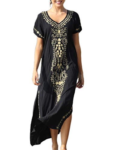 Bsubseach V-Ausschnitt Kurzarm Badeanzug Cover Up für Frauen Bademode Seite Split Strand Kaftan Caftan Kleid Schwarz von Bsubseach