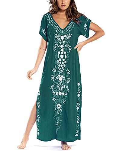 Bsubseach V-Ausschnitt Kurzarm Strandkleid für Damen Bademode Seite Split Beach Kaftan Caftan Kleid Grün von Bsubseach