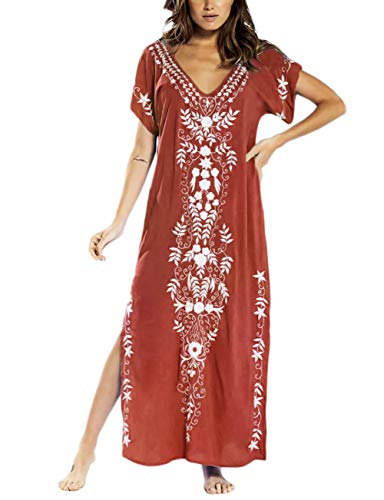 Bsubseach V-Ausschnitt Kurzarm Strandkleid für Damen Bademode Seite Split Beach Kaftan Caftan Kleid Rostrot von Bsubseach