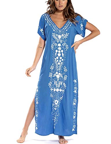 Bsubseach V Neck Caftan Strandkleid for Damen Short Sleeve Beach Bademode Türkisch Kaftan Blau von Bsubseach