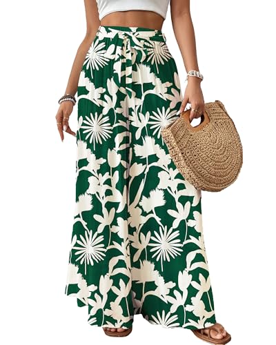 Bsubseach Wide Leg Pants Frau Flowy Floral Palazzo Hosen für Frauen High Waisted Sommer Casual Hosen Cruise Outfits Dunkelgrün XL von Bsubseach