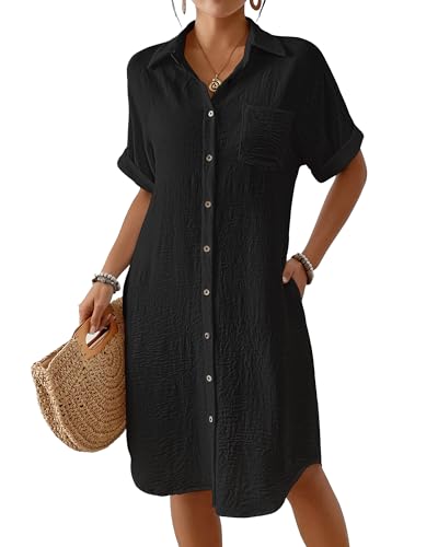 Bsubseach Womens Badeanzug Cover Up Long Button Down Badeanzug Cover Ups Kurzarm Sommer Strand Shirt Kleid mit Taschen Schwarz M von Bsubseach