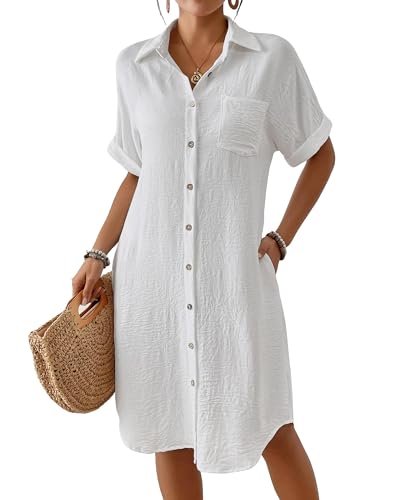 Bsubseach Womens Badeanzug Cover Up Long Button Down Badeanzug Cover Ups Kurzarm Sommer Strand Shirt Kleid mit Taschen Weiß XXL von Bsubseach