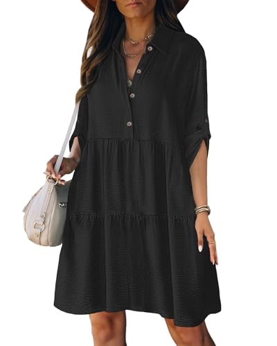 Bsubseach Womens Casual Kleider Button Down 3/4 Ärmel Sundresses A-Line Ruffled Shirt Dress Spring Outfits Schwarz S von Bsubseach