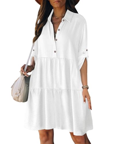 Bsubseach Womens Casual Kleider Button Down 3/4 Ärmel Sundresses A-Line Ruffled Shirt Dress Spring Outfits Weiß L von Bsubseach