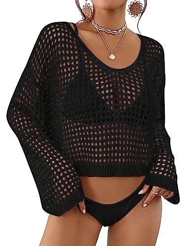 Bsubseach Womens Crochet Crop Top Strand Badeanzug Cover Up Langarm Hollow Out Badeanzug Cover Ups Sommer Outfits Schwarz von Bsubseach