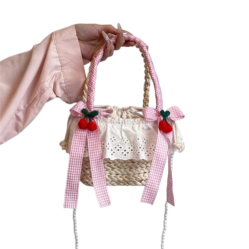 Btgghytr Beuteltasche aus gewebtem Stroh mit Kordelzug, süße Schleife, Rüschen, Spitze, Strandurlaub, Handtasche mit Tragegriff Btgghytr Beuteltasche aus gewebtem Stroh mit Kordelzug, süße Schleife, Rüschen, Spitze, Strandurlaub, Handtasche mit Tragegriff von Btgghytr