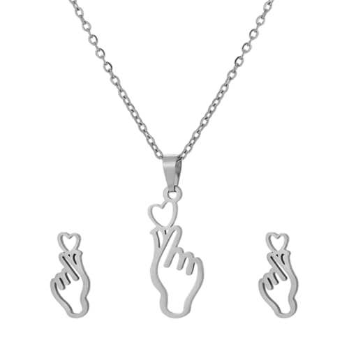 Btgghytr Einzigartige Hand Herz Geste Halskette Ohrringe Edelstahl Textur Mode Ohrstecker für Freizeit und verschiedene Anlässe Edelstahl Halskette Ohrringe, Einheitsgröße, Wie beschrieben, Wie von Btgghytr