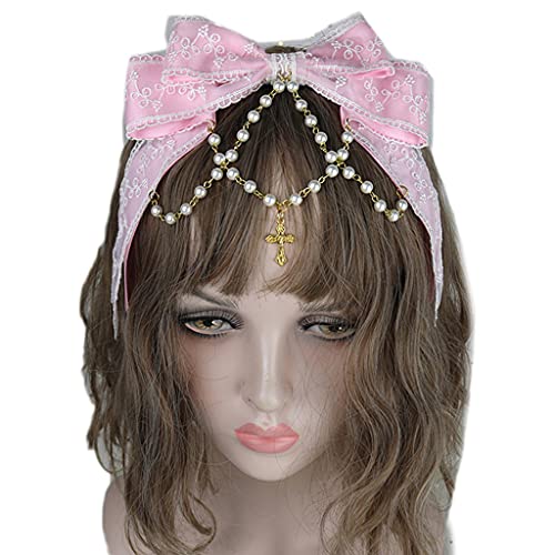 Btgghytr Stirnband für Damen und Mädchen, Spitzenschleife, Haarreif mit großer Schleife, Haarband mit Perlenkette, niedliches Lolita-Zubehör, niedliches Haarband, Haarschmuck Btgghytr Stirnband für Damen und Mädchen, Spitzenschleife, Haarreif mit großer Schleife, Haarband mit Perlenkette, niedliches Lolita-Zubehör, niedliches Haarband, Haarschmuck von Btgghytr